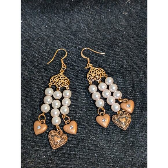 Rose Tone Triple Pearl Strand Dangle Hearts Earrings - Picture 4 of 4